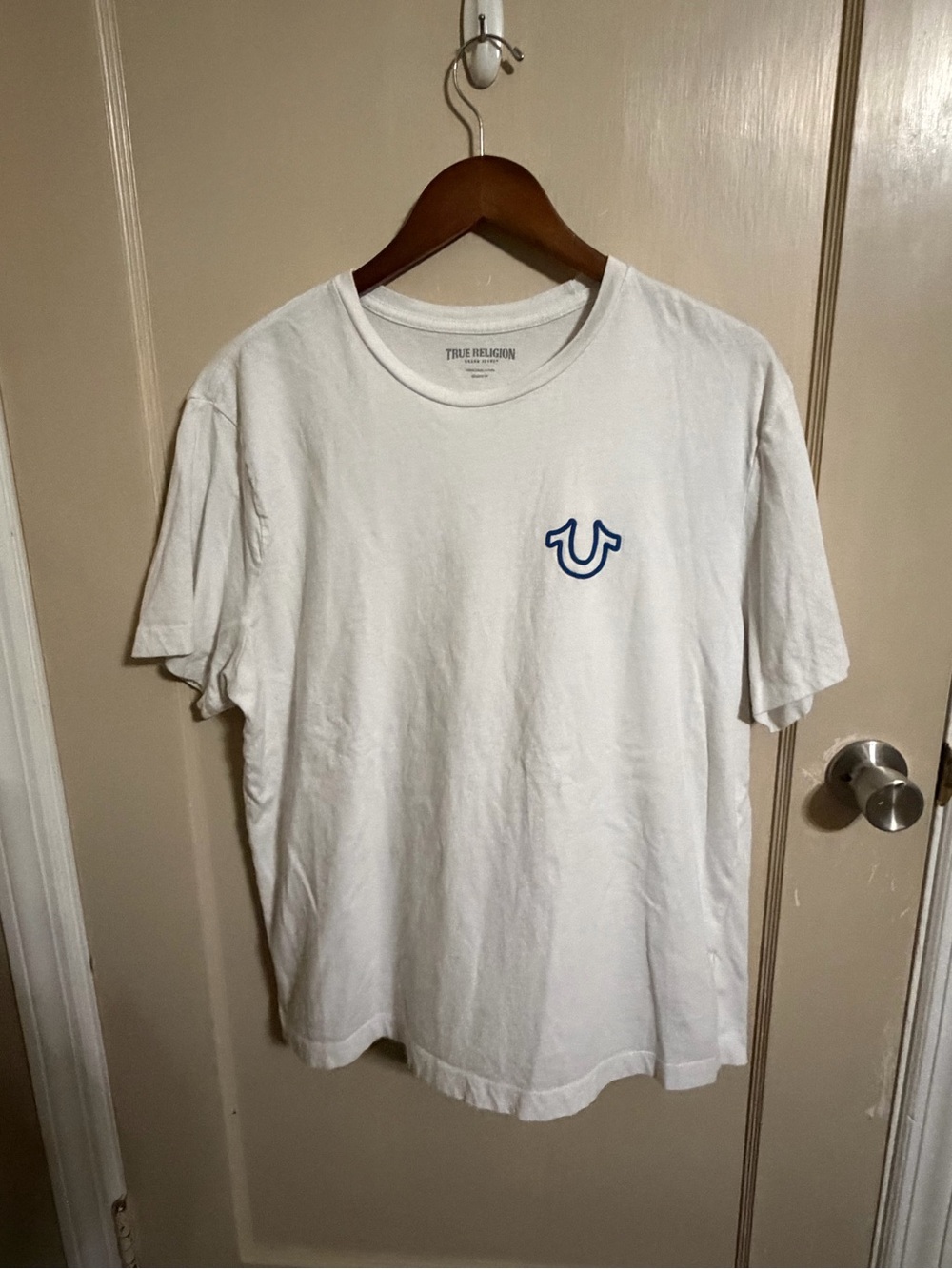 True Religion Women’s White Short Sleeve Tee with Blue Logo